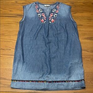 Vintage America Blue Embroidered Chambray Dress with Pom Trim